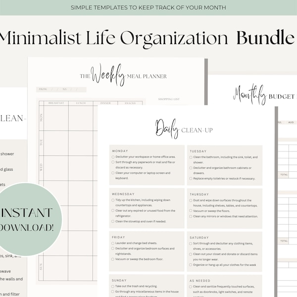 Monthly Life Organization BUNDLE | Minimalist Cleaning + Planning Lists | Daily, Weekly, + Monthly Printables | Instant Download Checklists