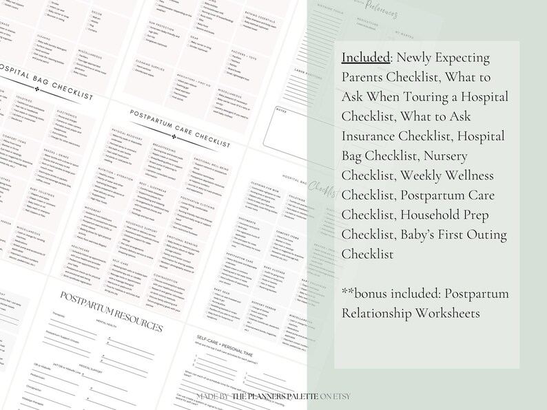 May include: A printable checklist set for new parents, including a hospital bag checklist, postpartum care checklist, and a weekly wellness checklist. The checklists are designed in a minimalist style with black text on a white background.
