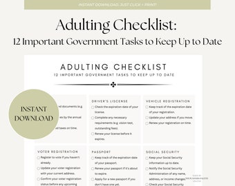Minimalist Adulting Checklist Printable | 12 Important Government Tasks PDF | Instant Download Checklist