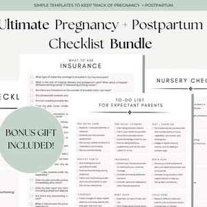 May include: A printable checklist bundle for pregnancy and postpartum. The checklist includes sections for insurance, prenatal care, pre-natal vitamins, diet and exercise, healthy habits, finances, baby gear, child care, nursery checklist, and diapering. The checklist is titled "Ultimate Pregnancy + Postpartum Checklist Bundle".