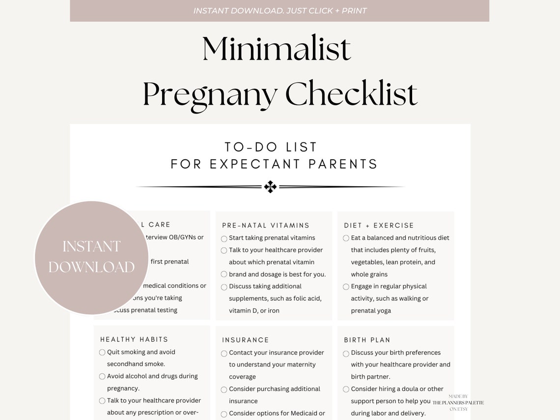 Minimalist Pregnancy Checklist Printable | Newly Expecting Parents