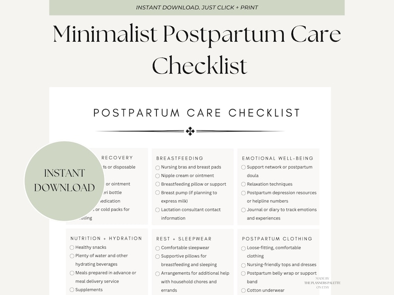 Postpartum Care Checklist Printable New Mother Essentials for a Calm