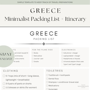 May include: A minimalist packing list and itinerary template for Greece. The document includes sections for essential items, items for the plane ride, electronics, clothing, and toiletries. The words "Instant Download" are in a circle.
