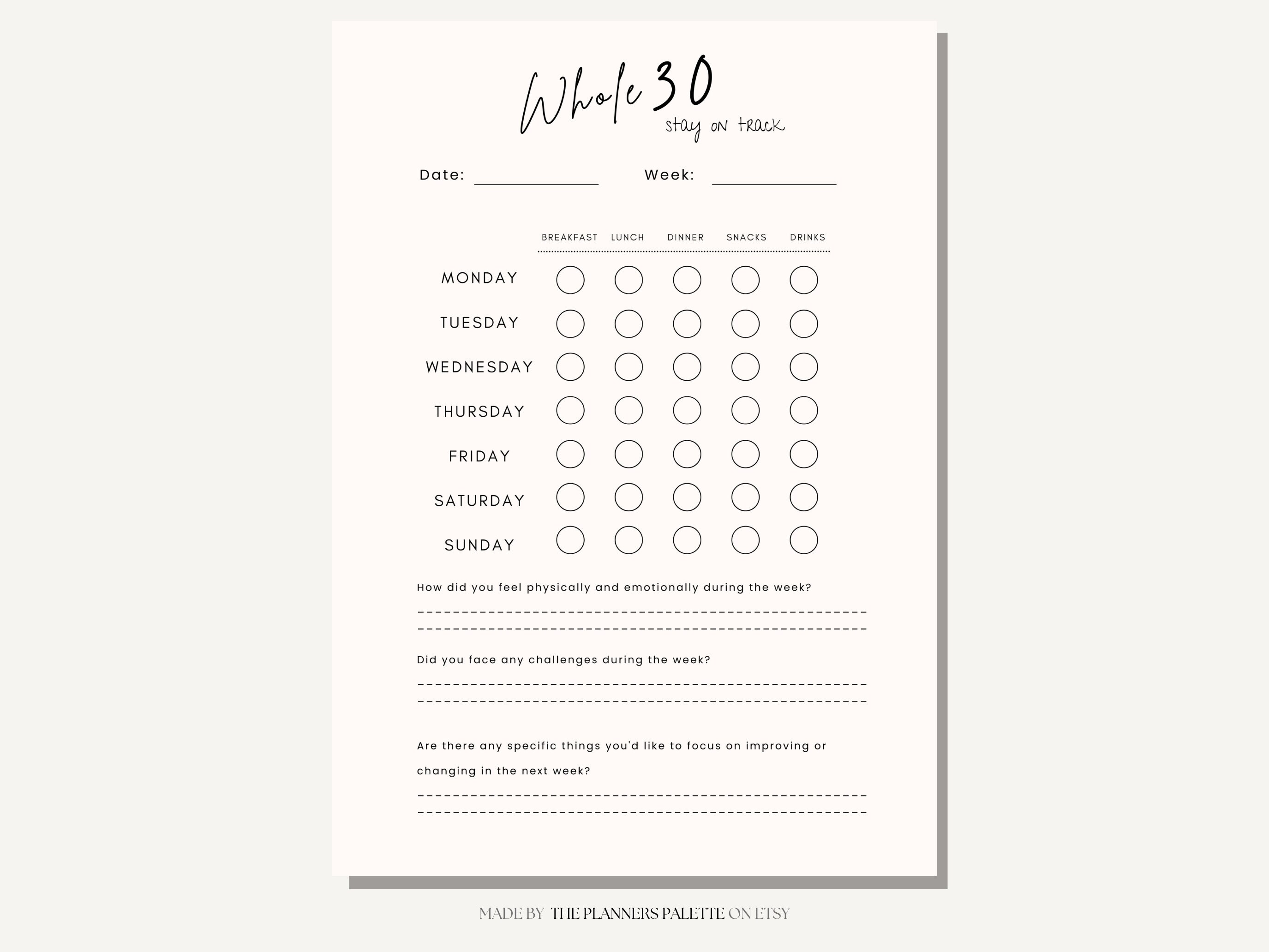 Simple Whole 30 Tracker Minimalist Printable Template Meal Planning ...