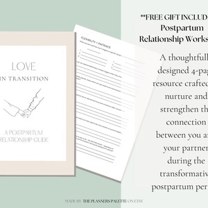 May include: A printable worksheet titled "Postpartum Relationship Worksheet" with the text "A thoughtfully designed 4-page resource crafted to nurture and strengthen the connection between you and your partner during the transformative postpartum period."