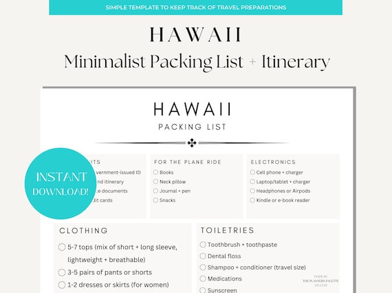 Hawaii Packing List + Itinerary | 7 Day Minimalist Preparation + Packing Guide | Vacation Planner Printable | Instant Download PDF