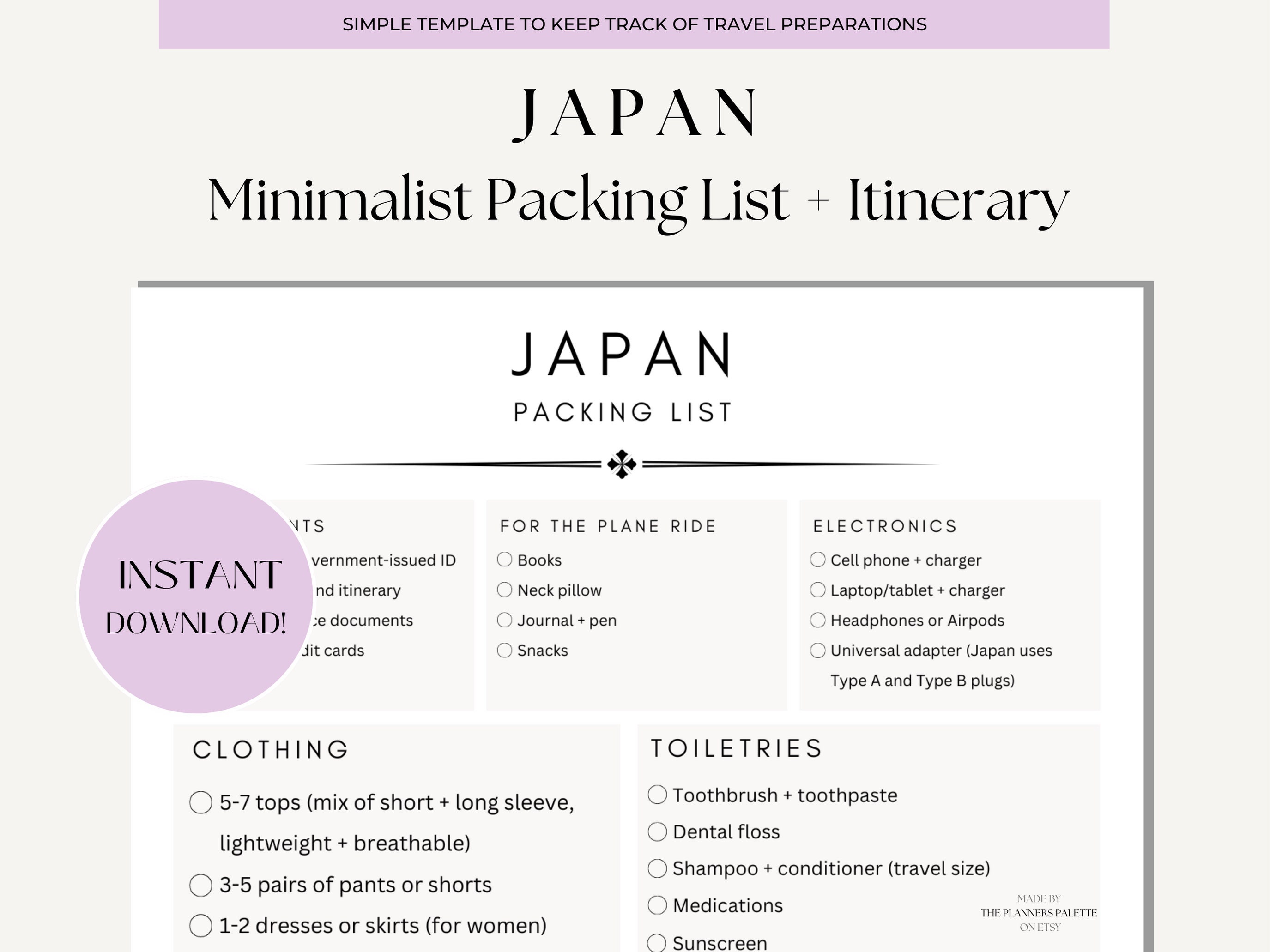 Japan Packing List + Itinerary | 7 Day Minimalist Preparation + Packing Guide | Japan Planner Printable | Instant Download Packing List