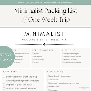 Minimalist 1 Week Packing List | 7 Day Essentials Packing Guide | Travel Planner Printable | Instant Download Packing List