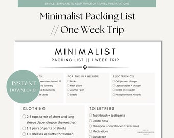 Minimalist 1 Week Packing List | 7 Day Essentials Packing Guide | Travel Planner Printable | Instant Download Packing List