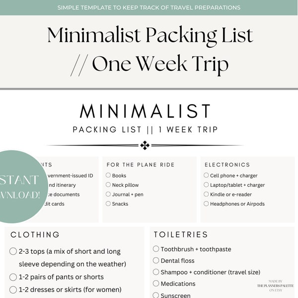 Minimalist 1 Week Packing List | 7 Day Essentials Packing Guide | Travel Planner Printable | Instant Download Packing List