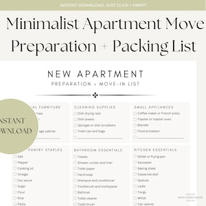 Minimalist New Apartment Checklist | Preparation + Move-In List | Moving Checklist Printable | Instant Download Packing List