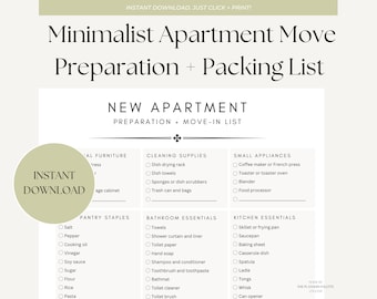 Minimalist New Apartment Checklist | Preparation + Move-In List | Moving Checklist Printable | Instant Download Packing List
