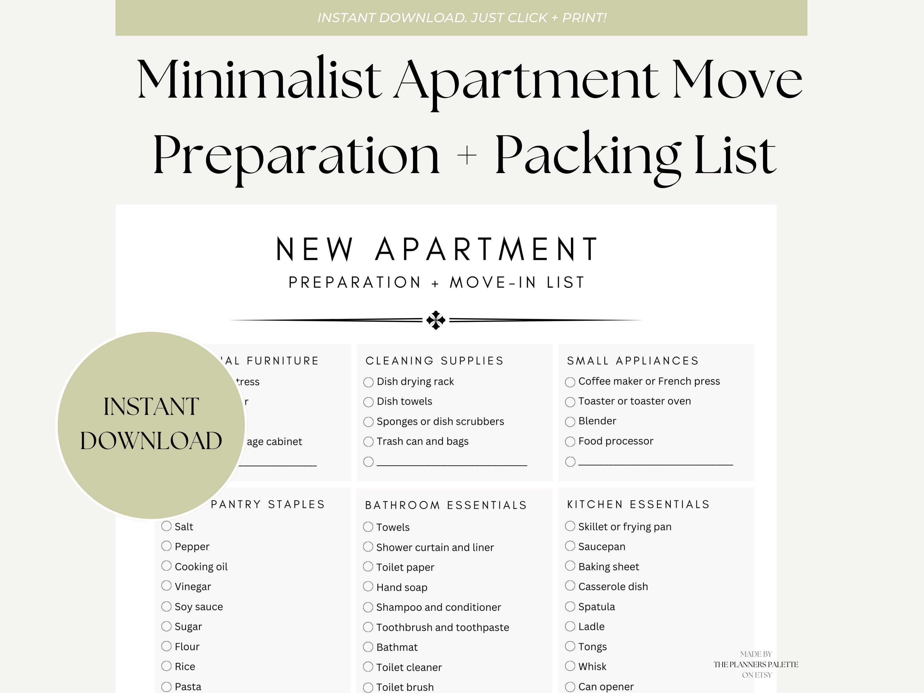 Minimalist New Apartment Checklist Preparation Move-in List Moving Checklist  Printable Instant Download Packing List (Instant Download) 