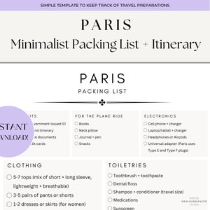 May include: A minimalist packing list and itinerary template for Paris travel. The document includes sections for documents, items for the plane ride, electronics, clothing, and toiletries. The words "Paris" and "Instant Download" are prominently displayed.