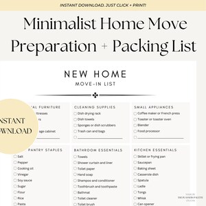 Minimalist New Home Checklist | Preparation + Move-In List | Moving Checklist Printable | Instant Download | New House Essentials PDF