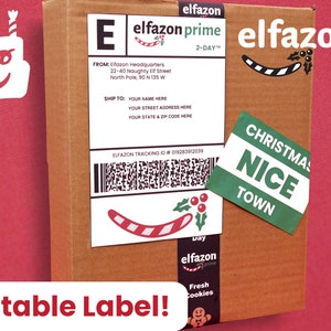 Instant Download Elfazon Shipping Labels North Pole Stickers Gift Tag Elf Prop PDF Template with EDITABLE Name & Address