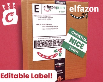 Può includere: Una scatola di cartone marrone con un'etichetta bianca che dice "elfazon prime 2-DAY" e ha un codice a barre. L'etichetta ha anche una canna di zucchero con bacche di agrifoglio e il testo "FROM: Elfazon Headquarters 22-40 Naughty Elf Street North Pole, 90 N 135 W SHIP TO: YOUR NAME HERE YOUR STREET ADDRESS HERE YOUR STATE & ZIP CODE HERE ELFAZON TRACKING ID # 019283912039". Un adesivo verde sulla scatola dice "CHRISTMAS NICE TOWN".