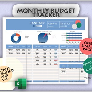 Maandelijkse budgettracker Onkostenspreadsheet Persoonlijke budgettering Bill Tracker Schuldbetalingsplanner Gelduitdaging Tracking Excel Financiën