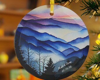 Blue Ridge Mountain Watercolor Glass Ornament, Personalized Keepsake