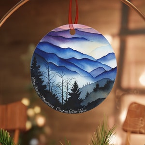 Blue Ridge Mountains Ornament, Custom Mountain Ornament for Engagement gift, Wedding gift, or family vacations, Personalized Ornaments