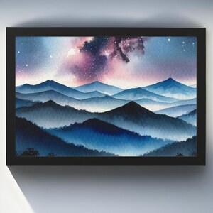 Milky Way in den Blue Ridge Mountains Fine Art Aquarell Poster mit Rahmen, Blue Ridge Mountain Life, Milky Way Wand Kunst Aquarell Print