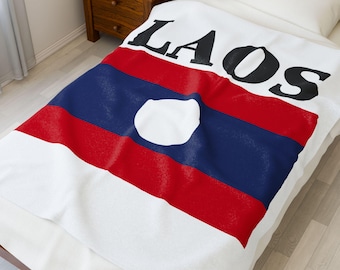 Laos Flag Velveteen Plush Blanket: Traditional Thai Style(White)