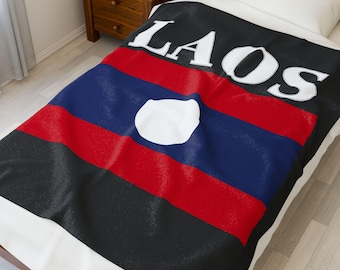 Laos Flag Velveteen Plush Blanket: Traditional Thai Style(Black)