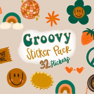 May include: A collection of colorful, retro-themed stickers. The stickers include a disco ball, rainbow, flower with a smiley face, strawberry, peace sign, and the text "Groovy Sticker Pack 32 Stickers."