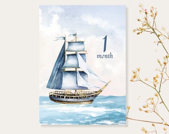 Watercolor Sailboat Milestone Cards | Printable Set of 13 | 5x7 Card | Ship, Sailing, Fishing, Ocean, Boats DIGITAL DOWNLOAD