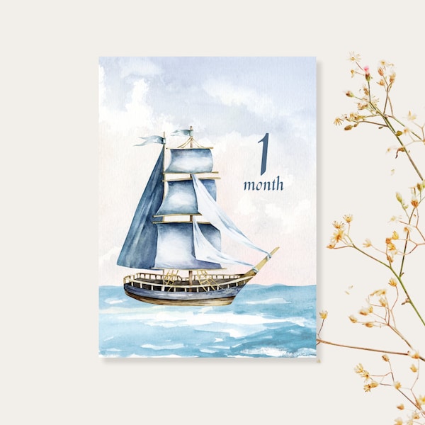 Watercolor Sailboat Milestone Cards | Printable Set of 13 | 5x7 Card | Ship, Sailing, Fishing, Ocean, Boats DIGITAL DOWNLOAD