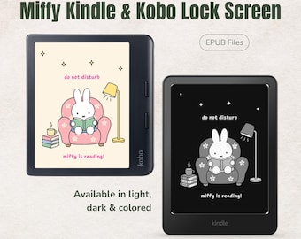 Op de afbeelding: Twee e-readers, een Kobo en een Kindle, met Miffy-vergrendelingsschermen. De schermen tonen een konijn in een stoel dat een boek leest met de tekst 'do not disturb' en 'miffy is reading!'. Het Kobo-scherm is licht, het Kindle-scherm is donker.