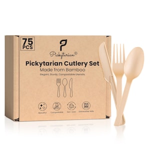 Premium Bamboo Cutlery Set (30PCS, 75PCS) | Reusable Dishwasher Safe| Disposable Flatware| Compostable Party Utensils| Forks, Spoons, Knives