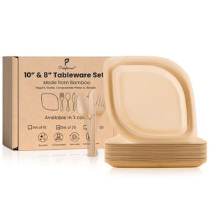 Compostable Bamboo Plates and Cutlery Set | 125 Pcs Fancy Party Plates for Baby Shower Birthday Wedding | Eco Friendly | Purple White Brown