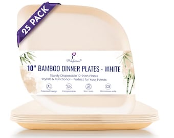 Bamboo Dinner Plates 25 Pack | Compostable 10 Inch Wedding Tableware | Eco Friendly Disposable Bridal & Baby Shower