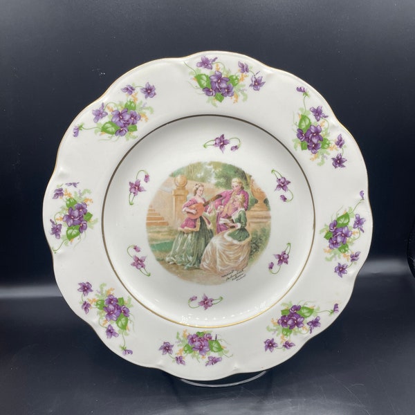 Vintage Imperial Porzellan 10.25" Plate with Colonial Scene and Purple Violets - Fragongard M. Langbroek, Great Condition- made in Germany