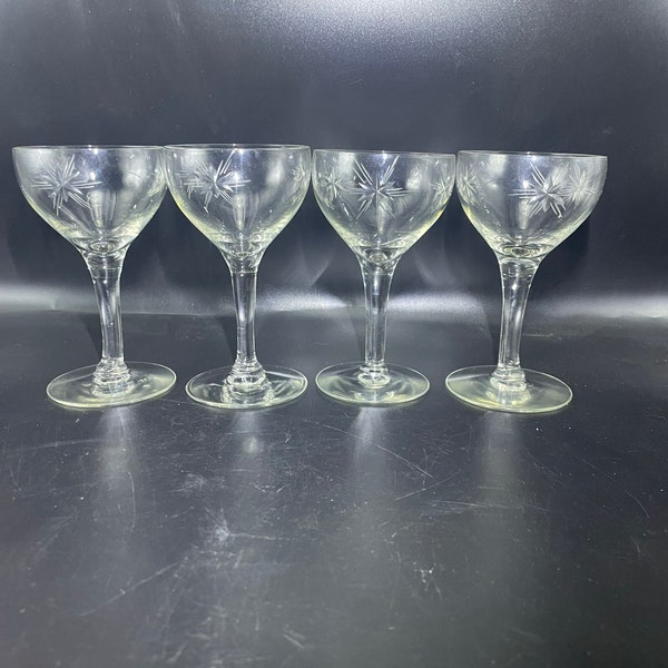 Vintage Set Of 4 Atomic Starburst Cut Glass Champagne Wine Glasses - 4.5” Tall