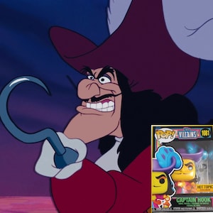 May include: A Funko Pop! Vinyl figure of Captain Hook from Disney's Peter Pan. The figure is in a box with the words "Pop! Villains" and "Captain Hook" on it. The figure is wearing a red and blue outfit with a black hat and a hook for a hand.