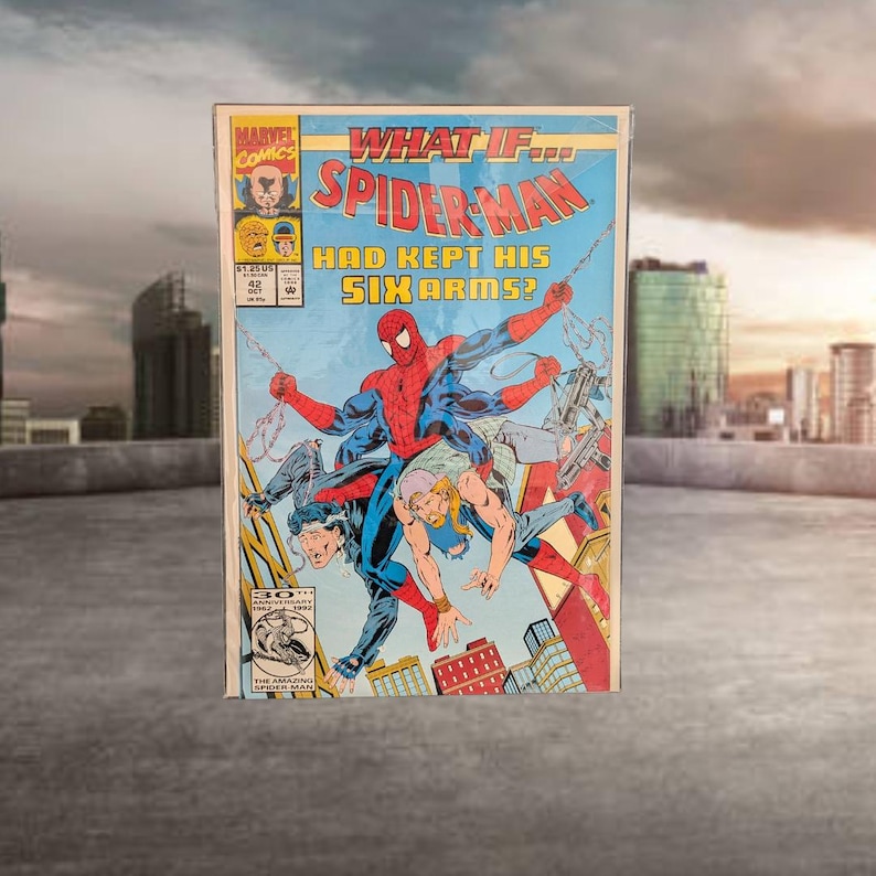 May include: A comic book cover featuring Spider-Man with six arms, in a red and blue suit, against a blue background. The title reads "WHAT IF... SPIDER-MAN HAD KEPT HIS SIX ARMS?" The Marvel Comics logo is in the upper left corner.