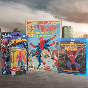 May include: A collection of Spider-Man merchandise, including a comic book titled "What If Spider-Man Had Kept His Six Arms?", a Blu-ray set, and a Spider-Man action figure in its original packaging. The comic book features a vibrant illustration of Spider-Man.