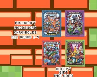 Minecraft Woodsword Chronicles Box Set Books 1-4 (Great Condition), with Funko Pop! Creeper (Used), Also Warden Action Figure (Never Used)
