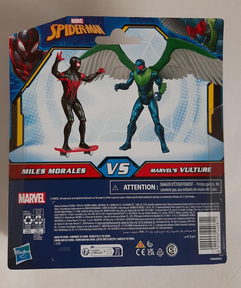 May include: Marvel Spider-Man action figure set featuring Miles Morales on a skateboard and Marvel's Vulture. The figures are on a blue and red background with the Marvel logo and the text "Miles Morales VS Marvel's Vulture".