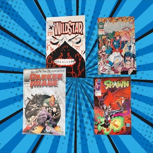 May include: Four comic books are displayed against a blue background with white lines. The comics include "Wildstar," "Darker Image," "Spawn," and "WildC.A.T.S." Each comic book has a unique cover design with vibrant colors and bold text.
