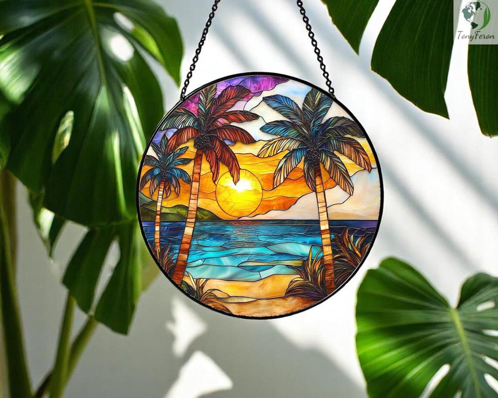 Beach Sunset Stained Glass Suncatcher – Handmade Ocean Window Decor ...