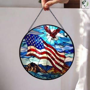 American Flag Stained Glass Suncatcher – Custom Window Hanging with Metal Chain – Patriotic Wall Art & Home Decor Gift
