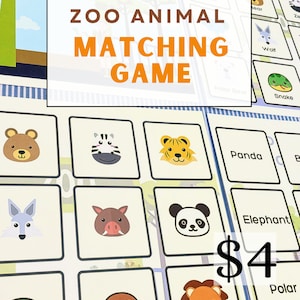 May include: A printable zoo animal matching game with colourful illustrations of animals such as a bear, zebra, tiger, panda, elephant, wolf, snake, boar, and monkey. The game is available for £4 on Etsy.