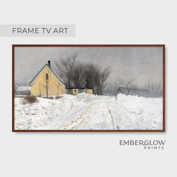 Frame TV Art / Winter Snow Yellow House Landscape Decor / Vintage Oil Painting Wall Art / White Neutral Digital Printable DOWNLOAD / FTV-107