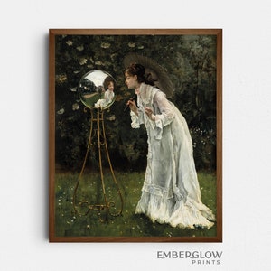 Whimsical Woman Reflection / Dark Moody Victorian Garden Portrait / Vintage Painting / Neutral Wall Art / DIGITAL DOWNLOAD PRINTABLE / S-89