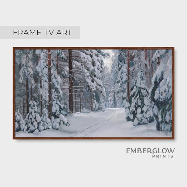 Frame TV Art / Winter Forest Snow Woodland Landscape Decor / Vintage Oil Painting Wall Art / Muted Gray Digital Printable DOWNLOAD / FTV-119