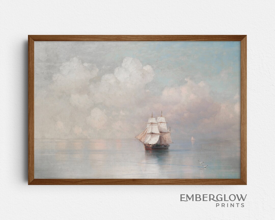 Minimal Nautical Ship / Coastal Ocean Decor / Vintage Seascape ...