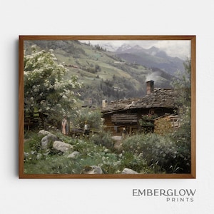 Mountain Cottage / Rustic Moody Decor / Vintage Alps Landscape / Antique Painting / Neutral Wall Art / DIGITAL DOWNLOAD PRINTABLE / S-32